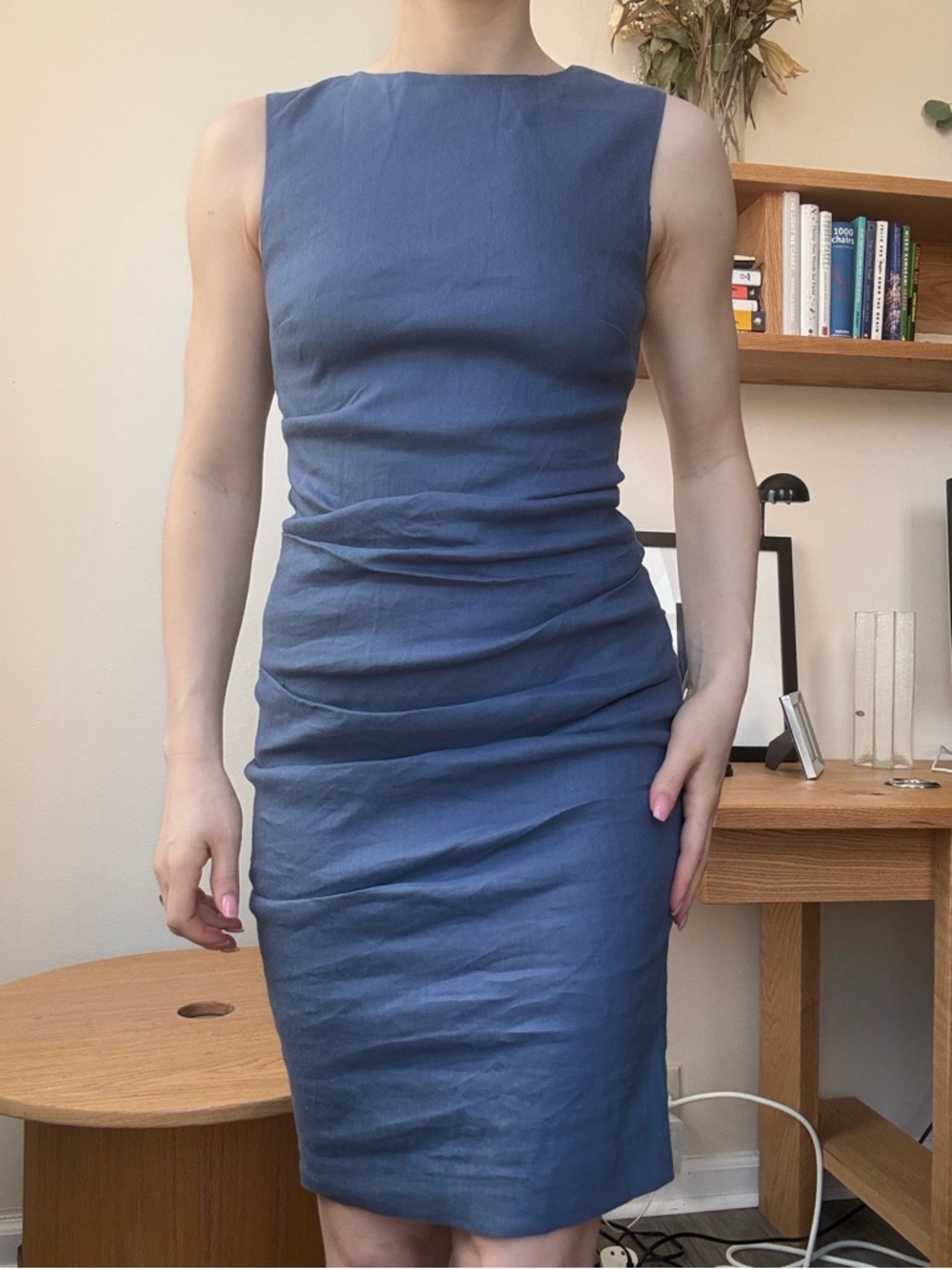 Nicole Miller Blue Linen-Blend Sleeveless Dress